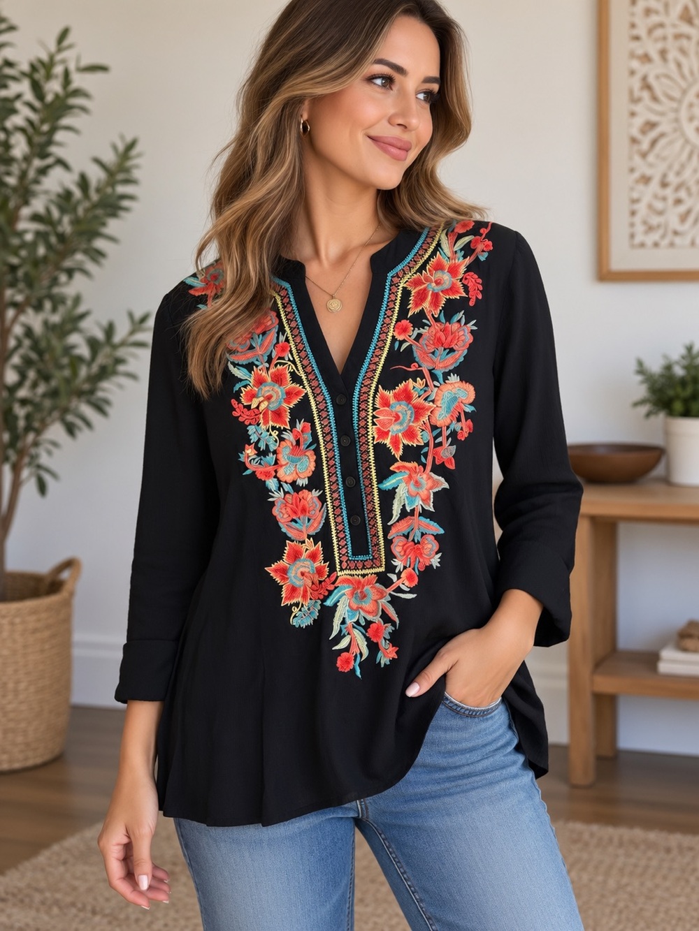 Solitaire Black Embroidered Floral V-Neck Shirt Size M
